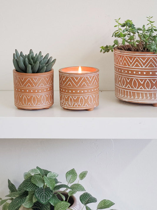 Hand Etched Terracotta Pot Lemongrass Soy Wax Candle