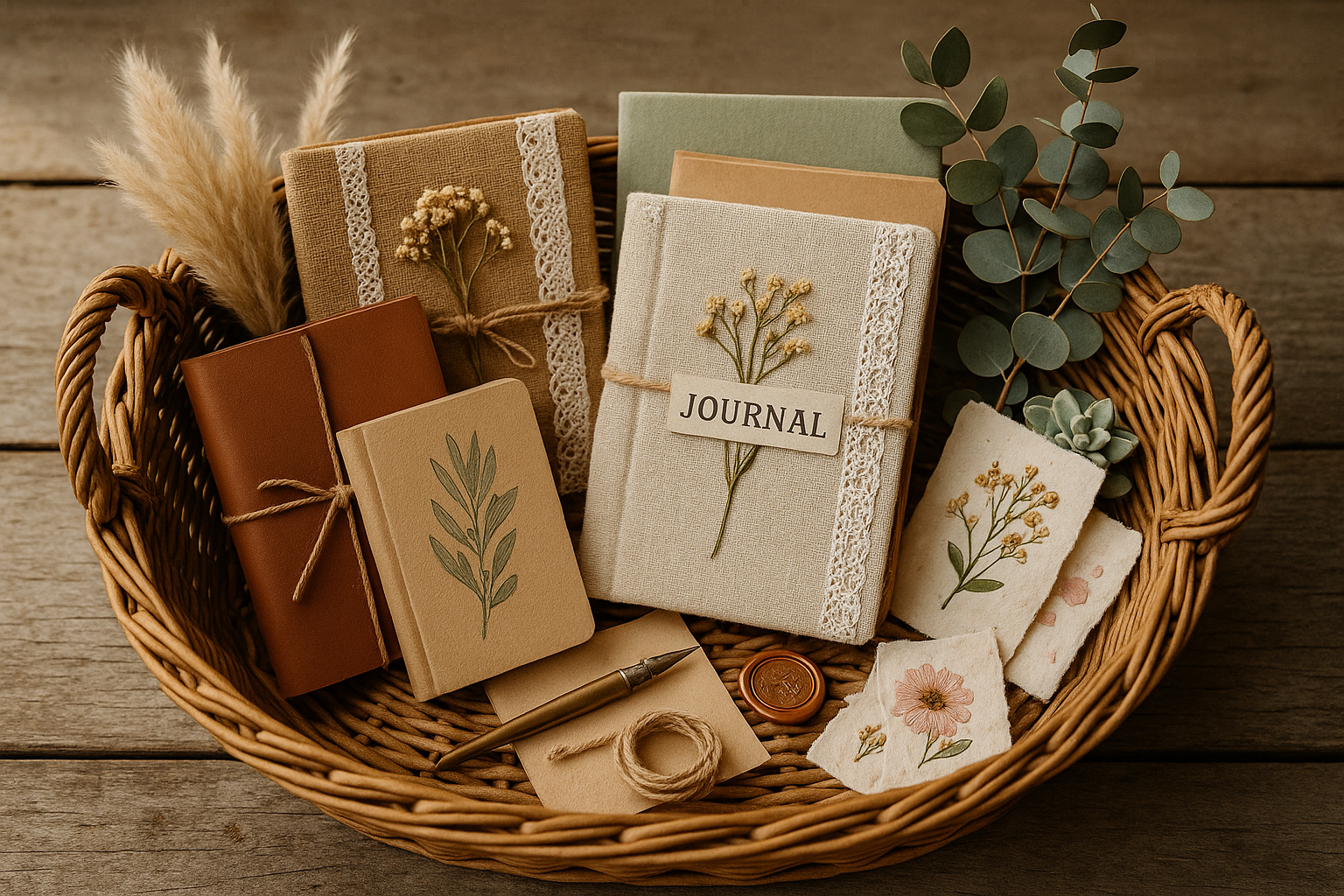 farmhouse boho journals and stationary in a basket