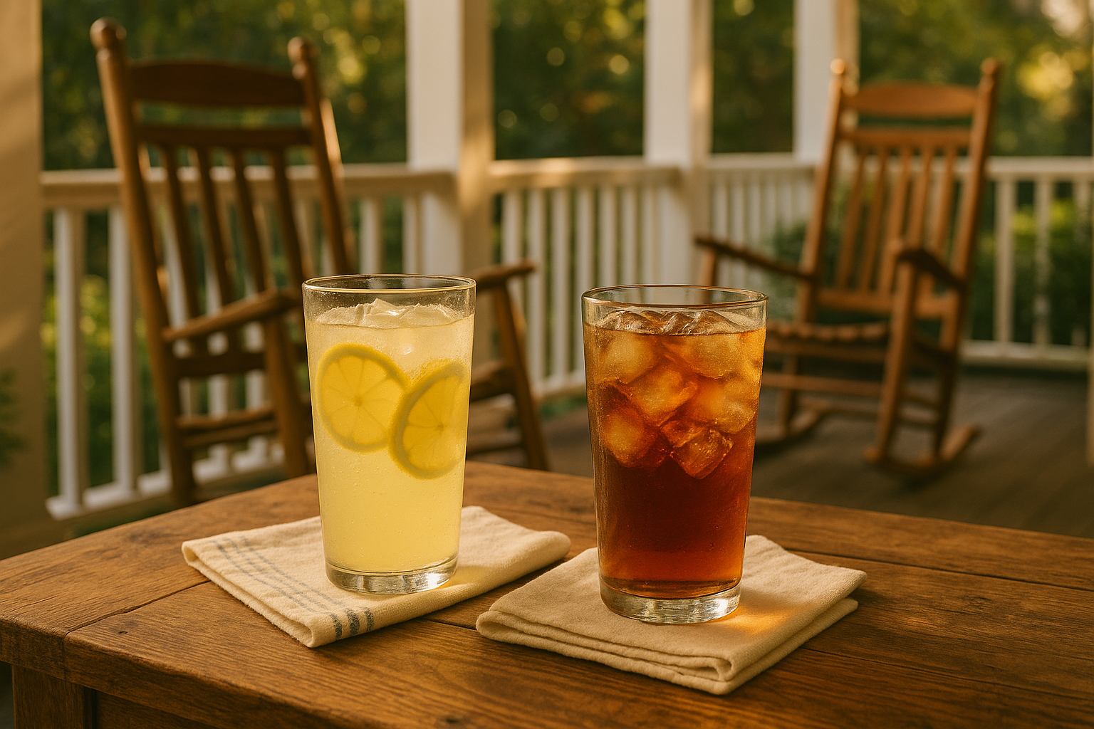 ice cold glasses of lemonade and sweet tea sitting on tea towels on a wood table with rocking chairs on the front porch.